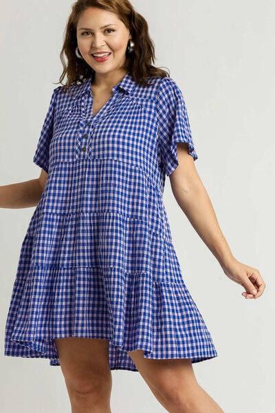 Umgee Full Size Gingham Tiered Button Detail Short Sleeve Dress Plus Size - Clothes For Her Online Store