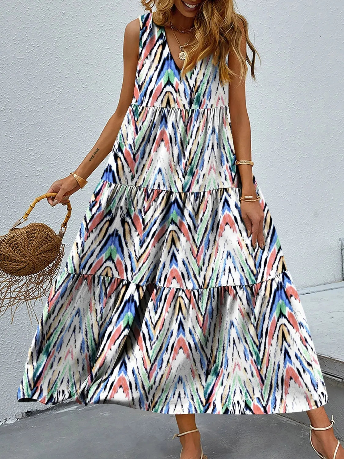 Printed V-Neck Tiered Maxi Tank Dress
