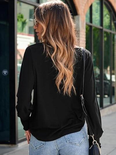 Round Neck Smocked Lantern Sleeve T-Shirt - Clothes For Her Online Store