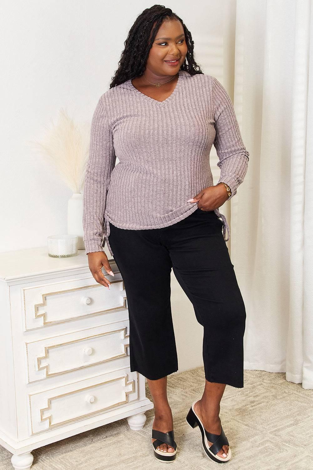 Double Take Drawstring Ribbed Long Sleeve T-Shirt - Clothes For Her Online Store