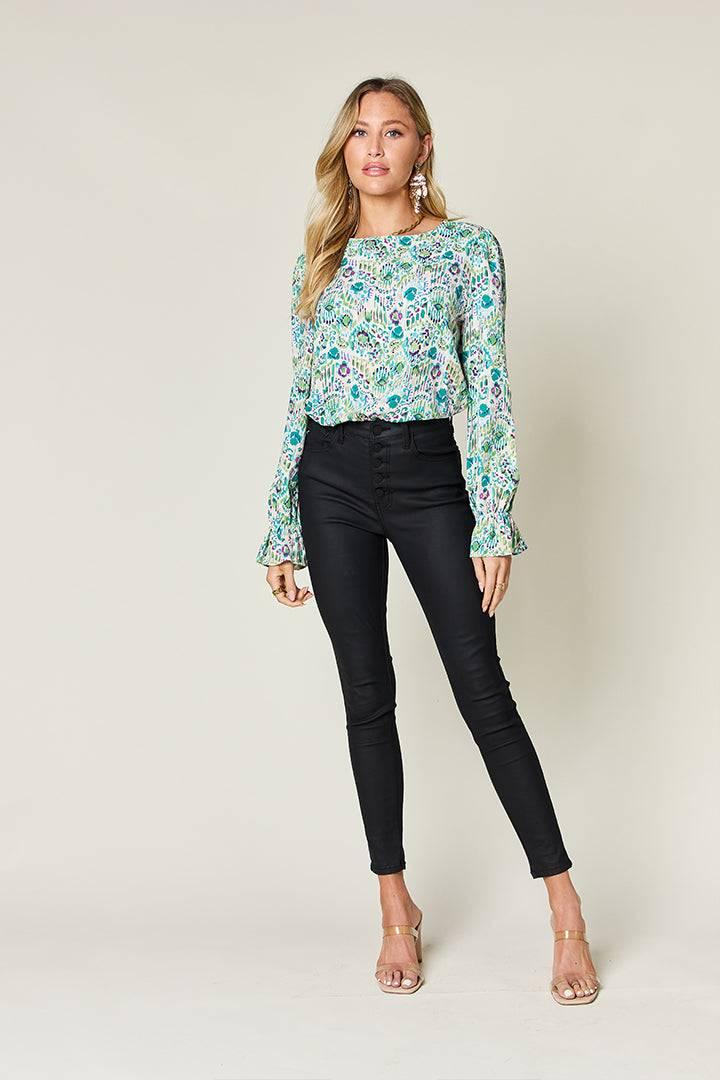 Double Take Full Size Printed Flounce Sleeve Blouse - Clothes For Her Online Store