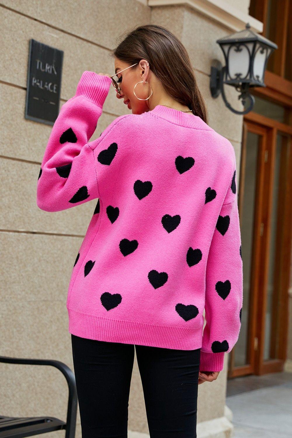 Woven Right Heart Pattern Lantern Sleeve Round Neck Tunic Sweater - Clothes For Her Online Store