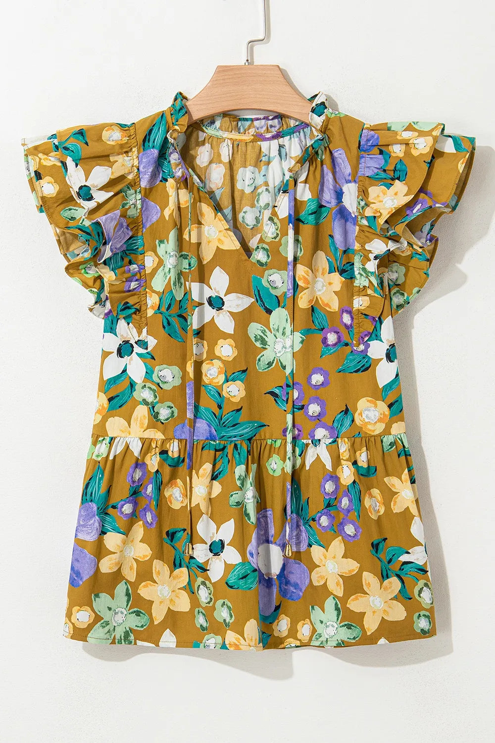Floral Print Ruffle Cap Sleeve Tie Neck Top