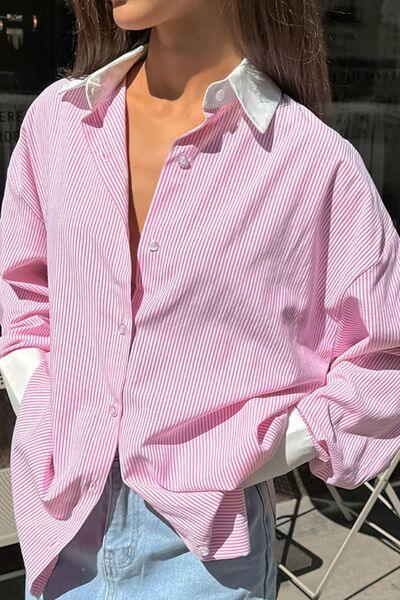 Striped Collared Neck Long Sleeve Shirt - Clothes For Her Online Store