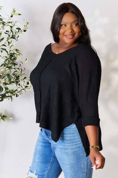 Zenana Full Size Round Neck High-Low Slit Knit Top - Clothes For Her Online Store