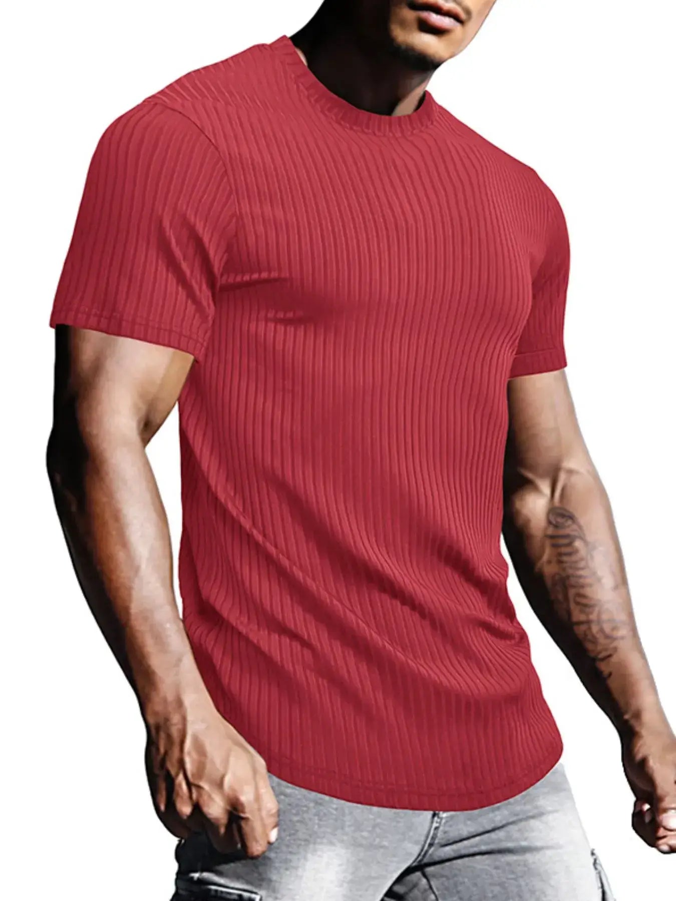 Men's Full Size Ribbed Knit Short Sleeve Round Neck T-Shirt Plus Size