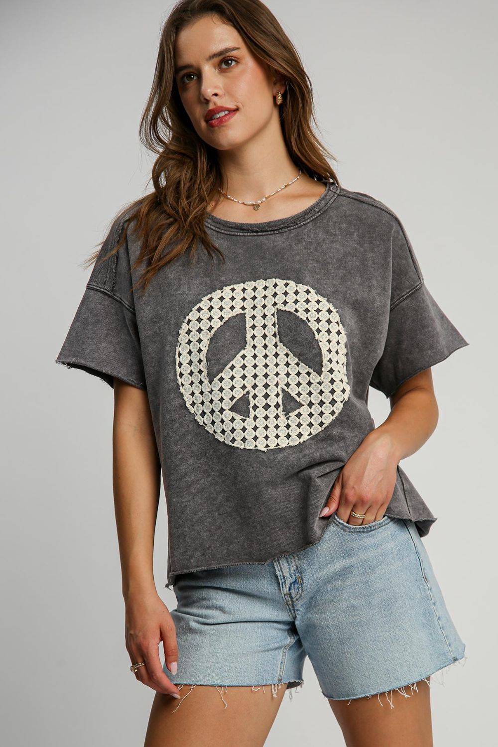 Umgee Full Size Mineral Wash T-Shirt with Lace Applique Plus Size - Clothes For Her Online Store
