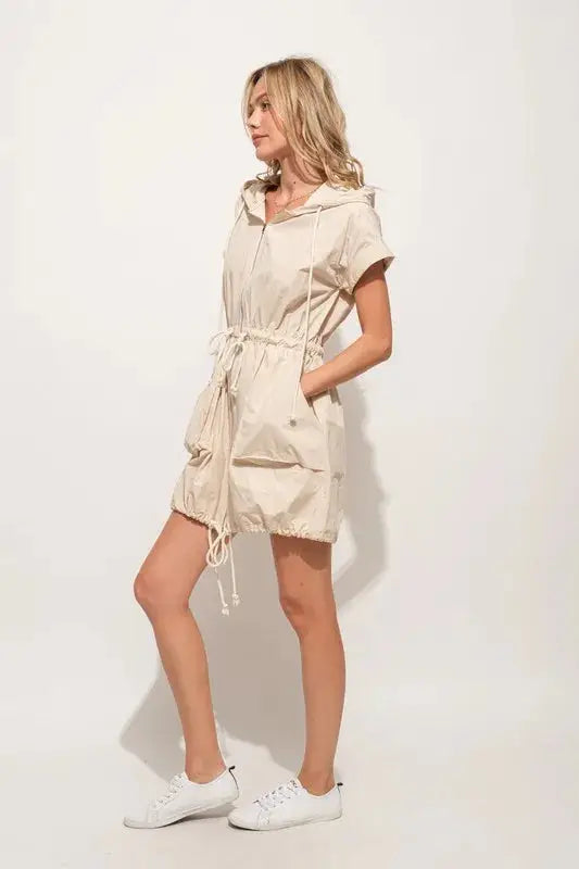 And The Why Short Sleeve String Details Hooded Mini Dress - Clothes For Her Online Store