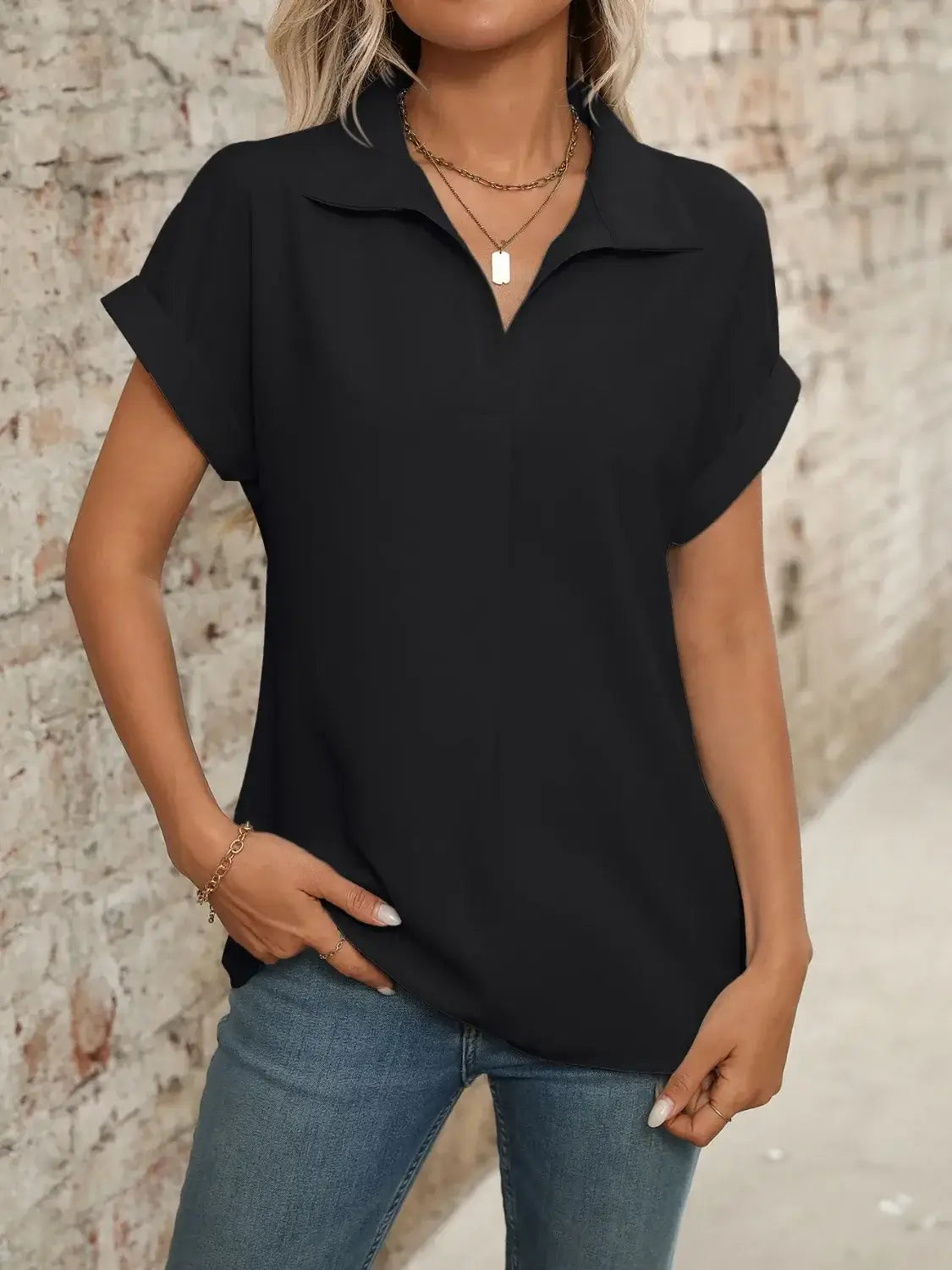 Collared Neck Short Sleeve Blouse