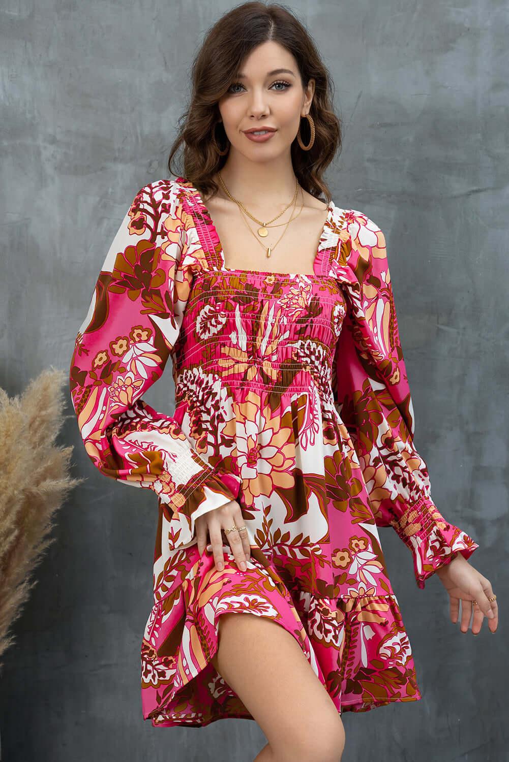 Floral Square Neck Flounce Sleeve Dress - Clothes For Her Online Store