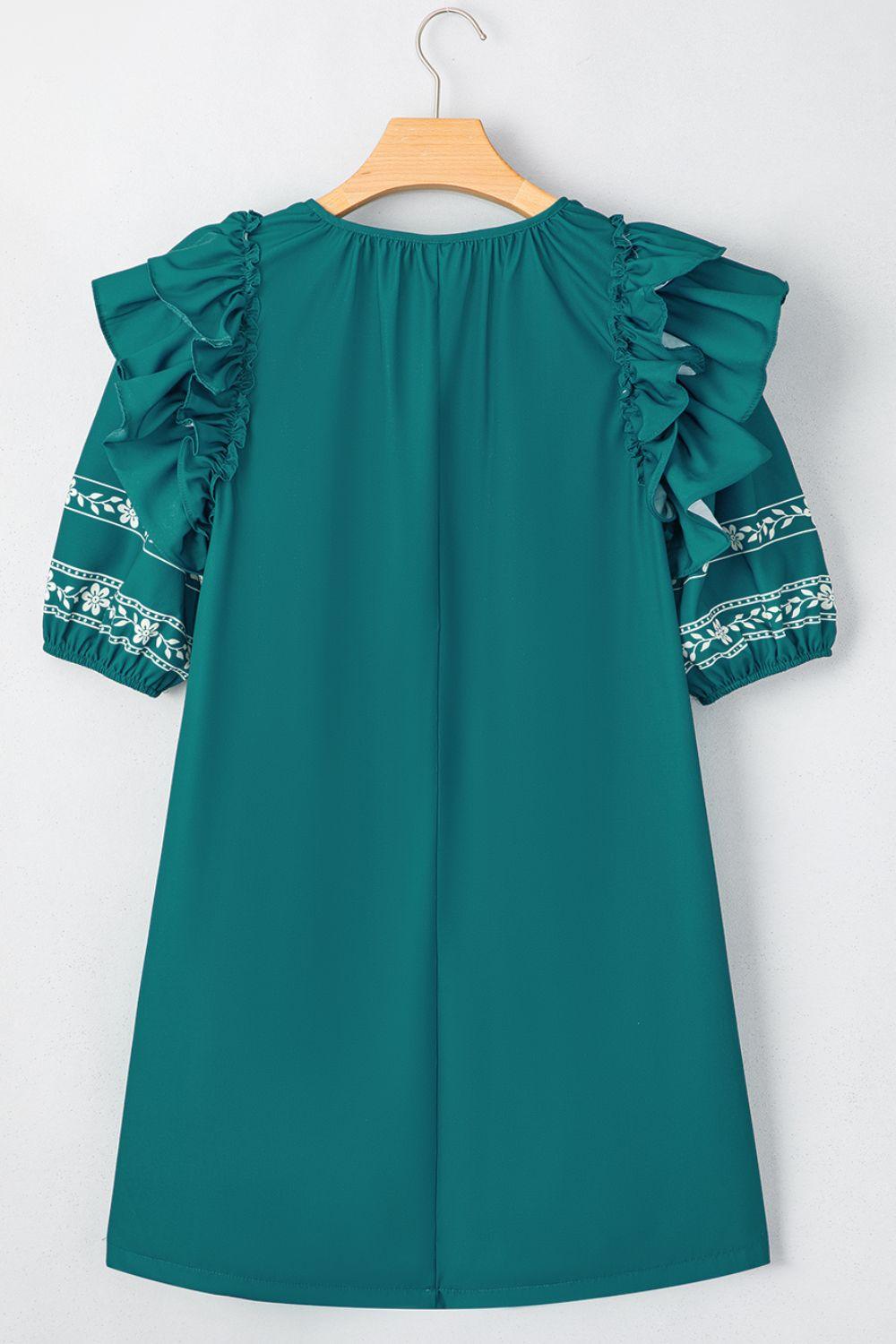 Floral Ruffle Puff Sleeve Tie Neck Mini Dress - Clothes For Her Online Store
