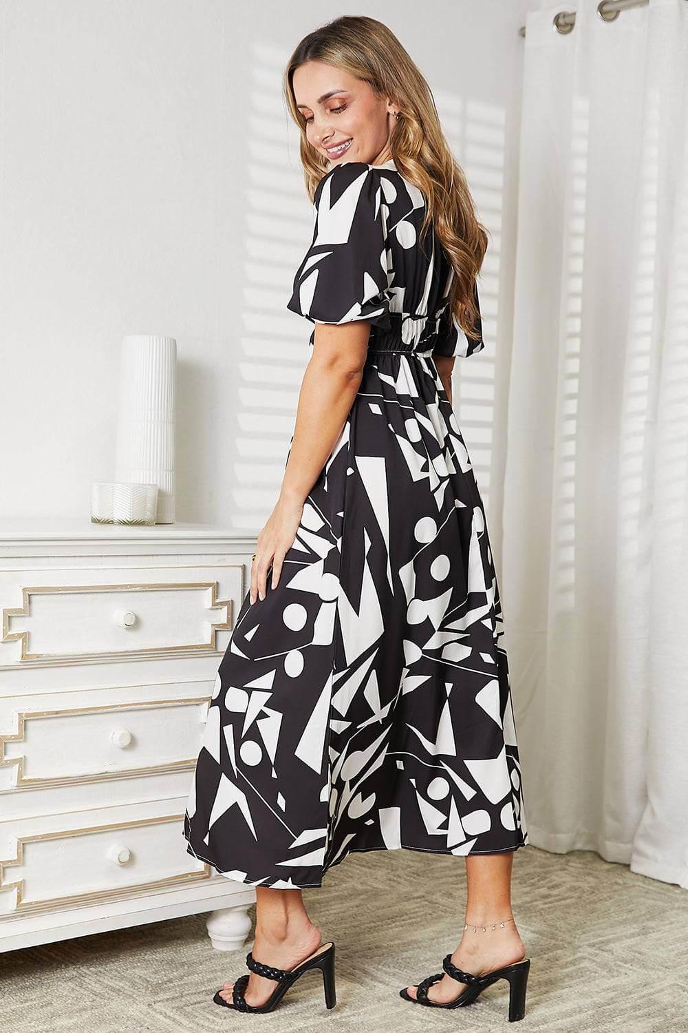 Printed Surplice Balloon Sleeve Dress - Clothes For Her Online Store