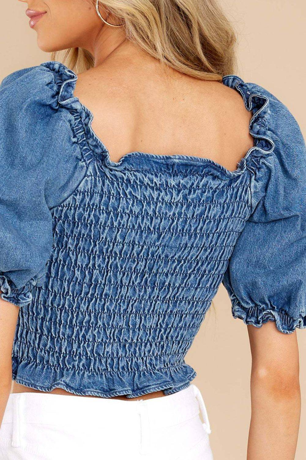Puff Sleeve Smocked Cropped Denim Top - Clothes For Her Online Store