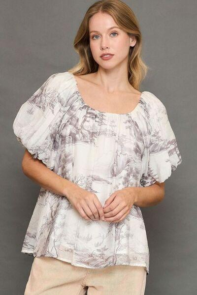 Umgee Full Size Two Tone Toile Print Top Plus Size - Clothes For Her Online Store