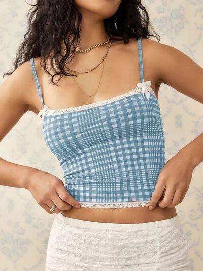 Lace Detail Plaid Square Neck Cami - Clothes For Her Online Store