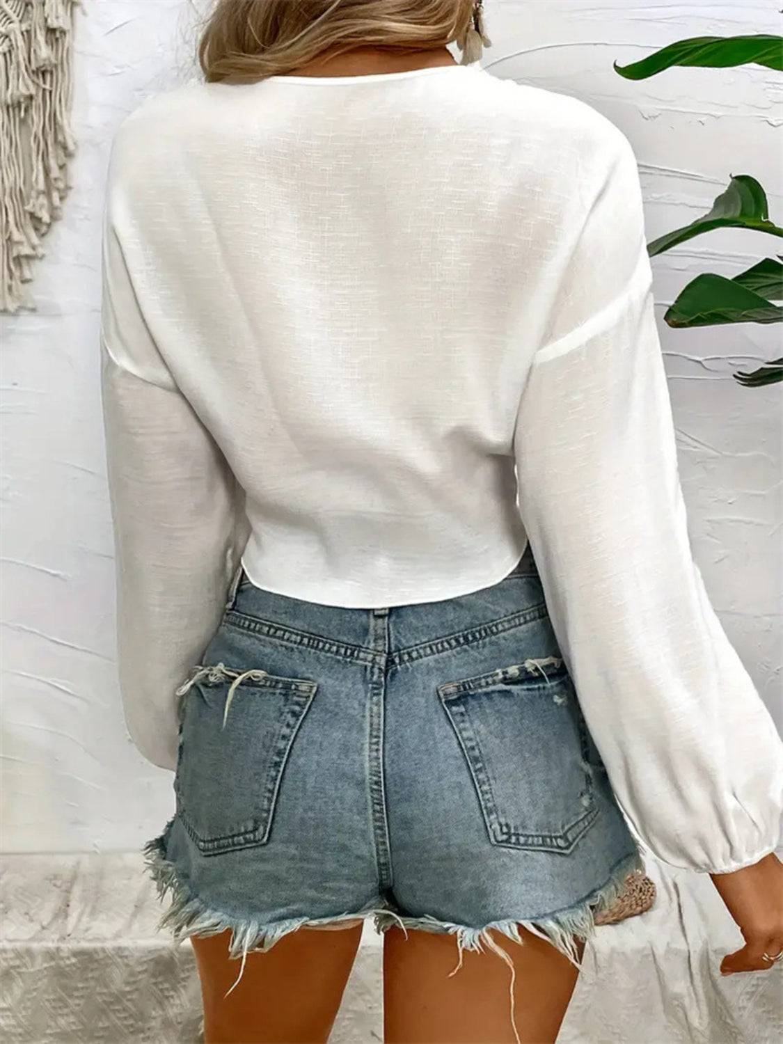 Tied V-Neck Cropped Cover-Up - Clothes For Her Online Store