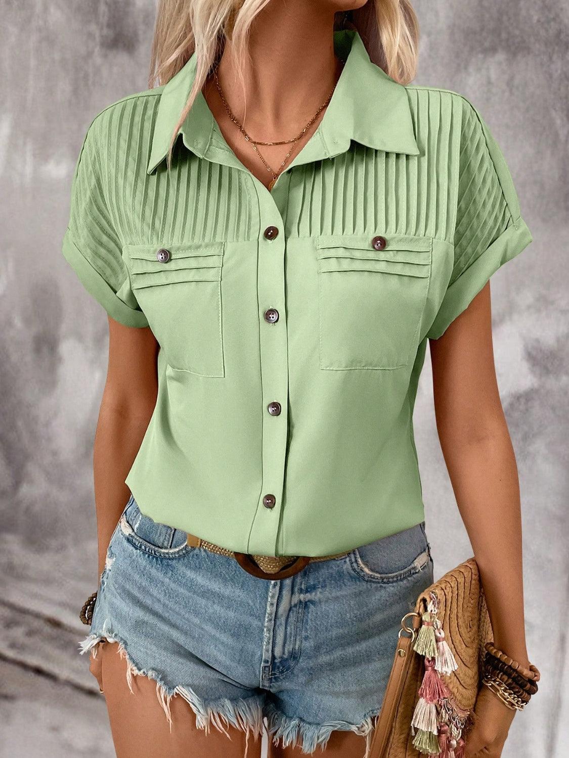 Pleated Detail Collared Neck Short Sleeve Shirt - Clothes For Her Online Store