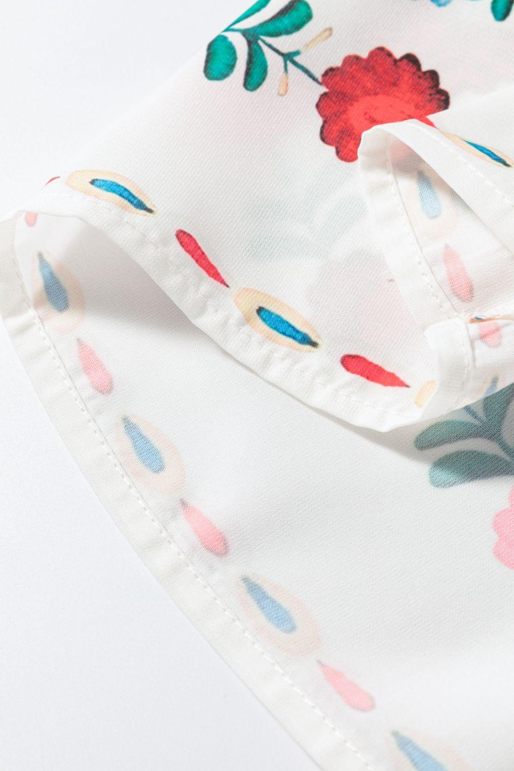 Floral Print Round Neck Ruffle Trim Blouse - Clothes For Her Online Store