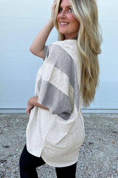 Two Tone Contrast Waffle Knit Patched Buttoned V Neck Top - Clothes For Her Online Store