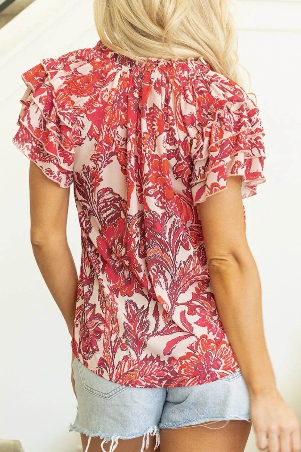 Vintage Floral Ruffle Sleeve V Neck Blouse