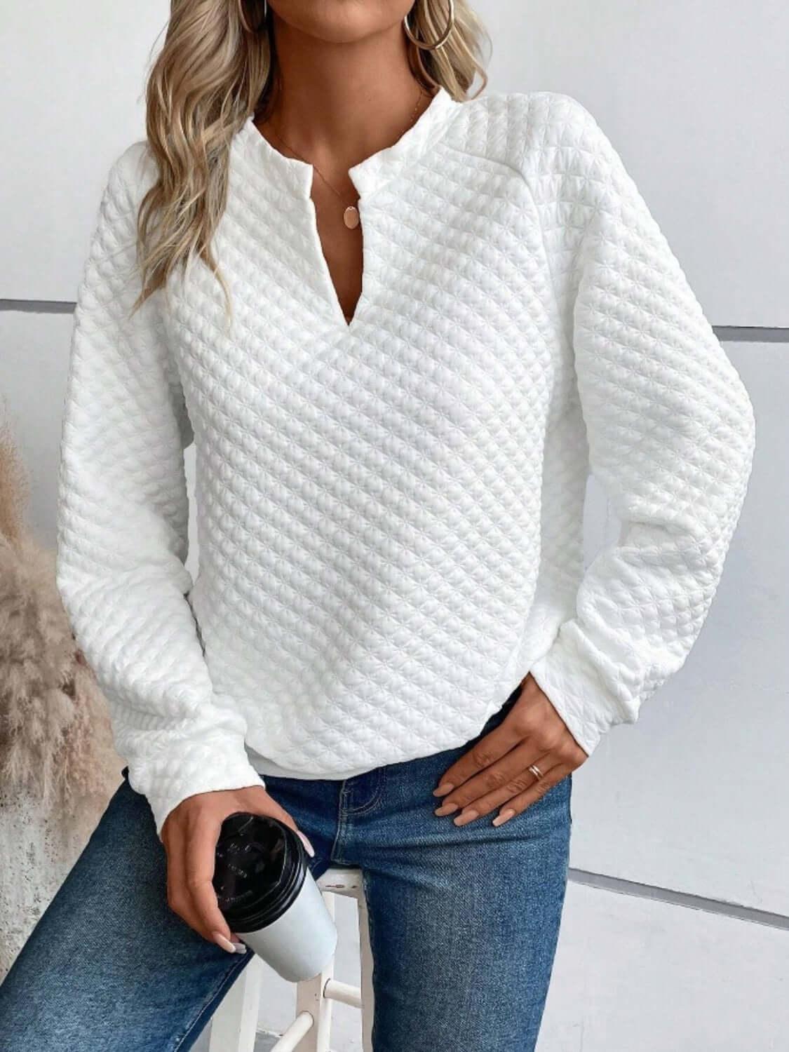 Notched Long Sleeve Sweatshirt - Clothes For Her Online Store