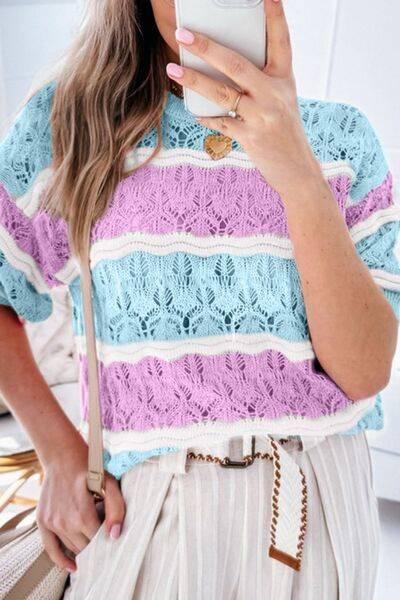 Color Block Openwork Half Sleeve Sweater - Clothes For Her Online Store