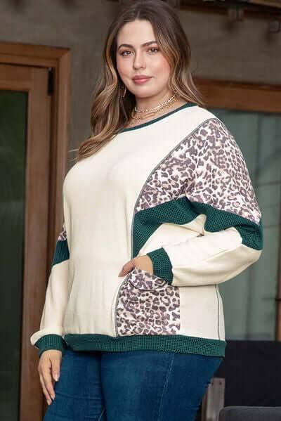 Plus Size Leopard Waffle-Knit Long Sleeve T-Shirt - Clothes For Her Online Store