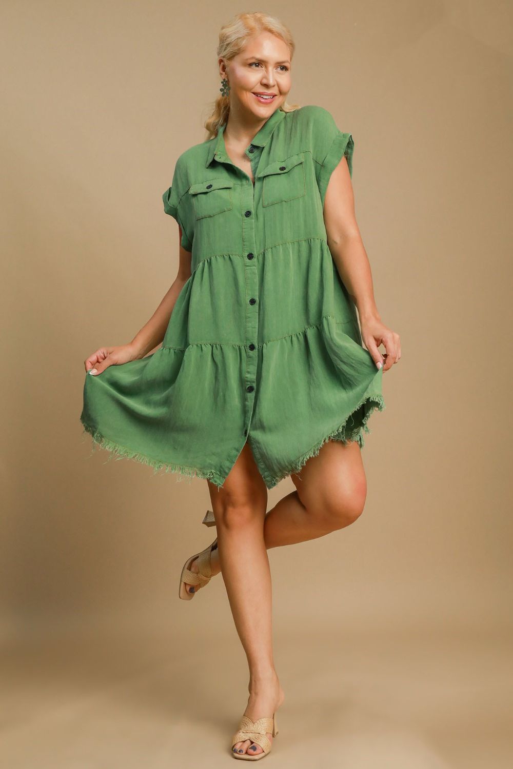 Umgee Full Size Frayed Hemline Button Down Shirt Dress Plus Size - Clothes For Her Online Store