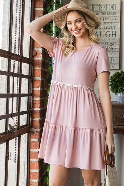 Heimish Full Size Solid Mini Tiered Dress with Pompom Lace Plus Size - Clothes For Her Online Store