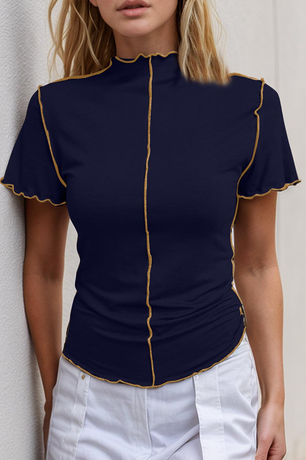 Basic Bae Contrast Trim Mock Neck Short Sleeve T-Shirt - Clothes For Her Online Store