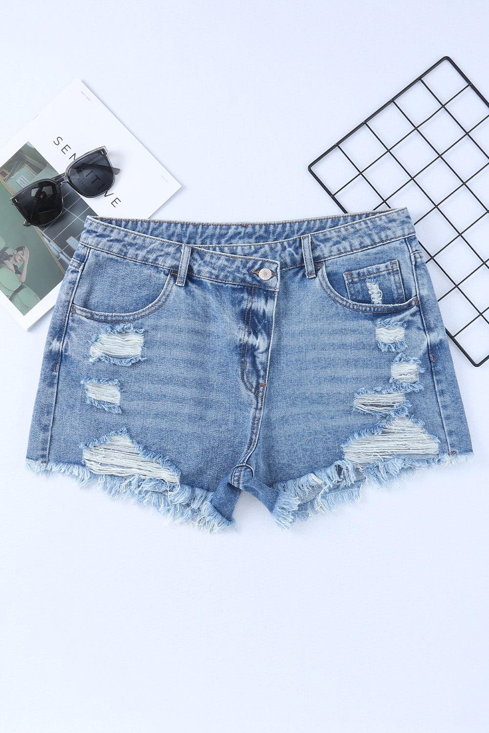 High Rise Crossover Waist Denim Shorts - Clothes For Her Online Store