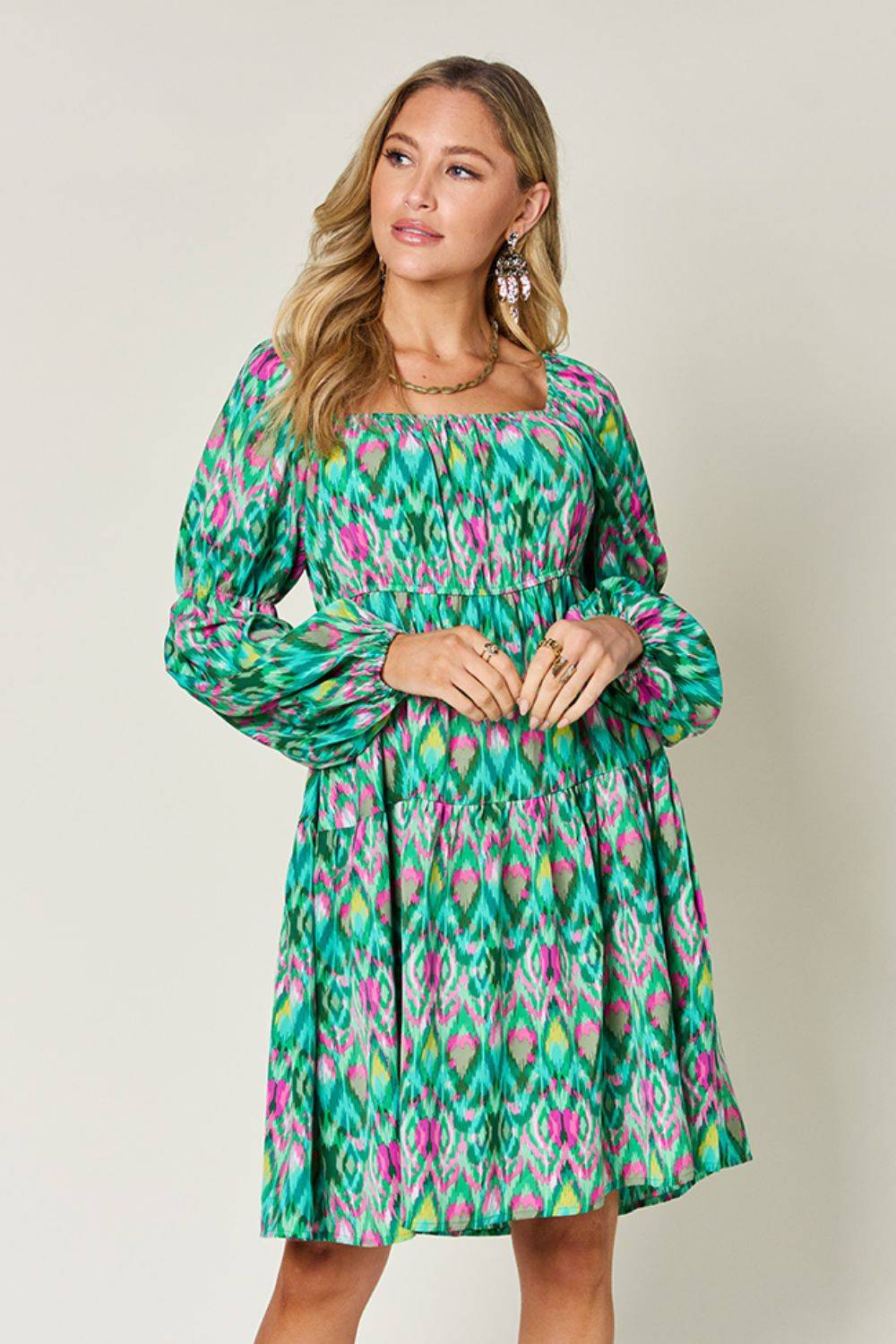 Double Take Full Size Printed Long Sleeve Dress - Clothes For Her Online Store