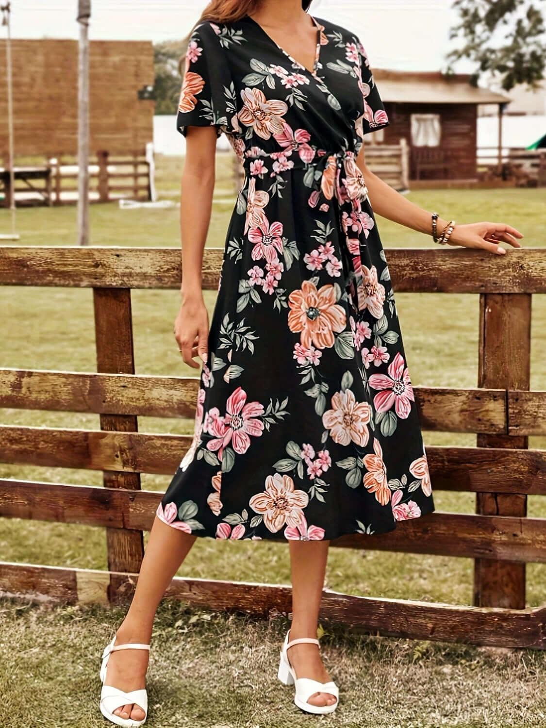 Tied Floral Surplice Short Sleeve Dress - Clothes For Her Online Store