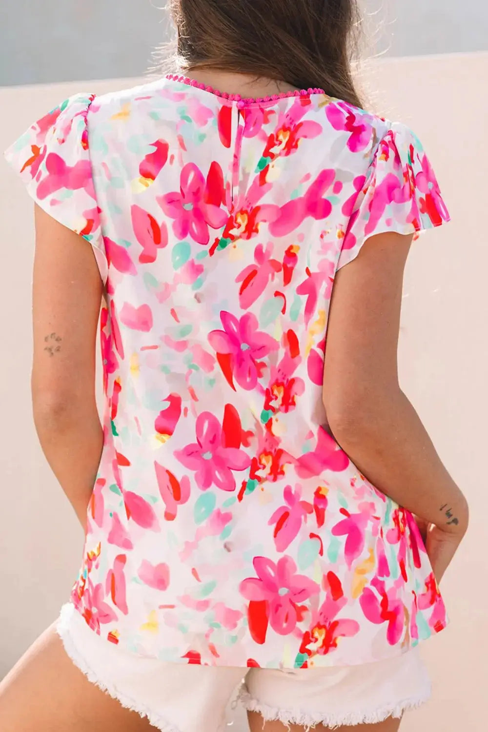 Floral Print Ruffle Sleeve Round Neck Blouse - Clothes For Her Online Store