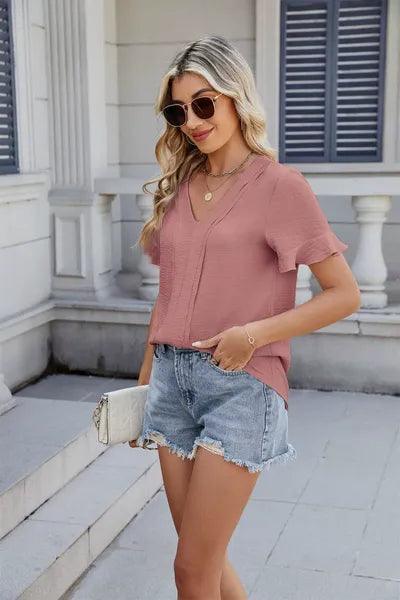 Ruffled V-Neck Short Sleeve Blouse - Clothes For Her Online Store