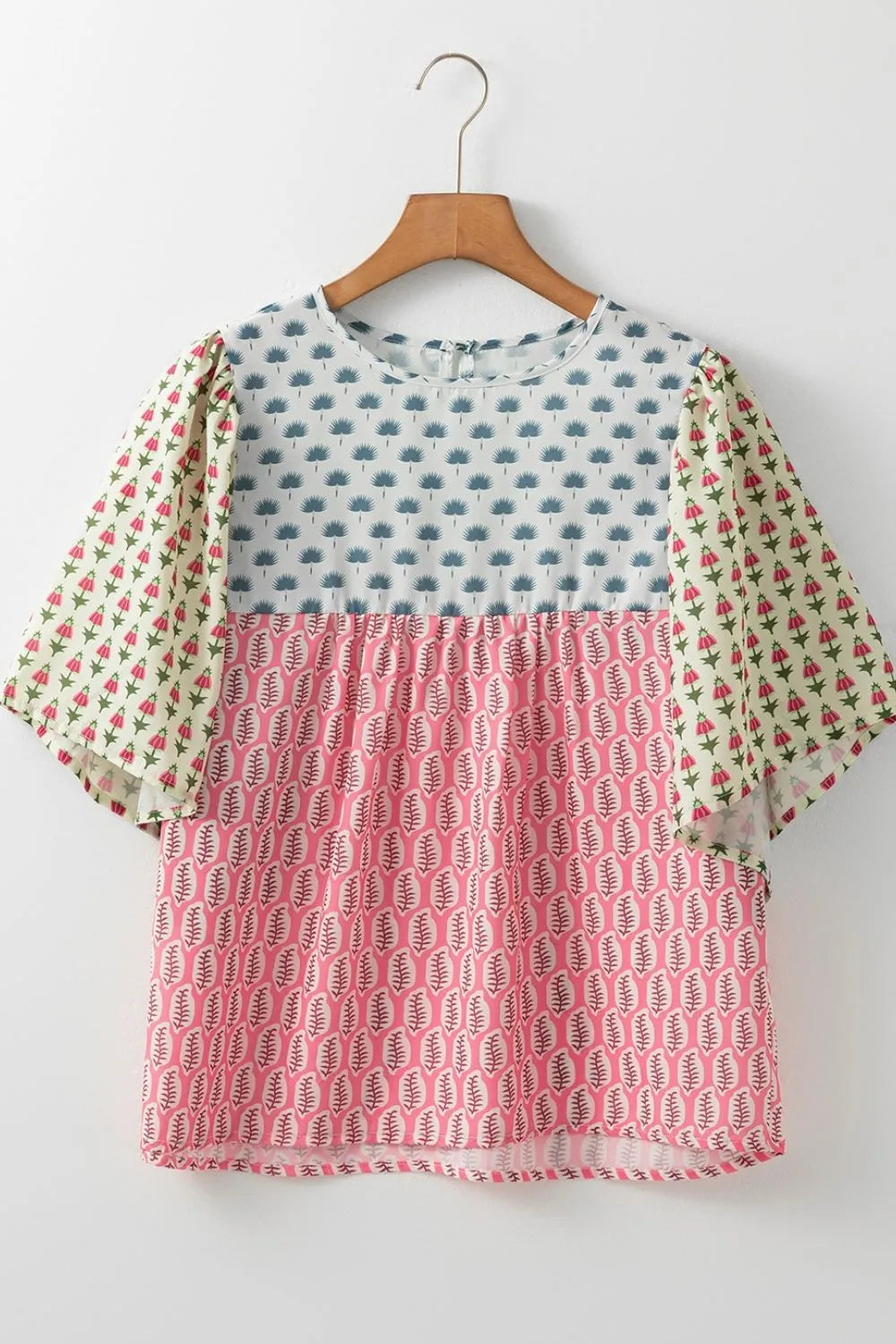 Floral Color Block Kimono Sleeves Blouse