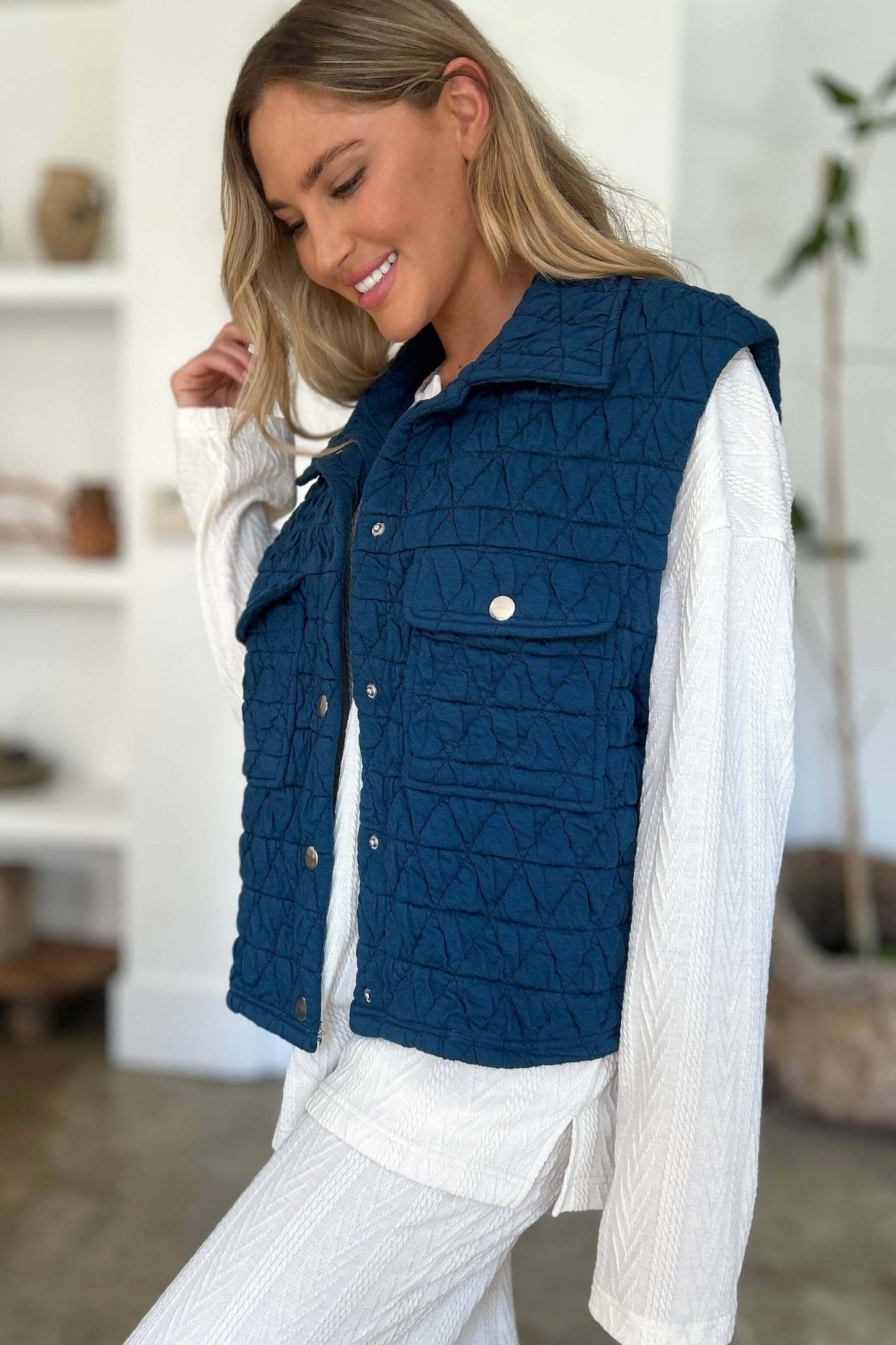 Double Take Full Size Pocketed Texture Snap Down Vest Coat - Clothes For Her Online Store