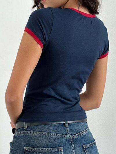 Letter Round Neck Short Sleeve T-Shirt - Clothes For Her Online Store