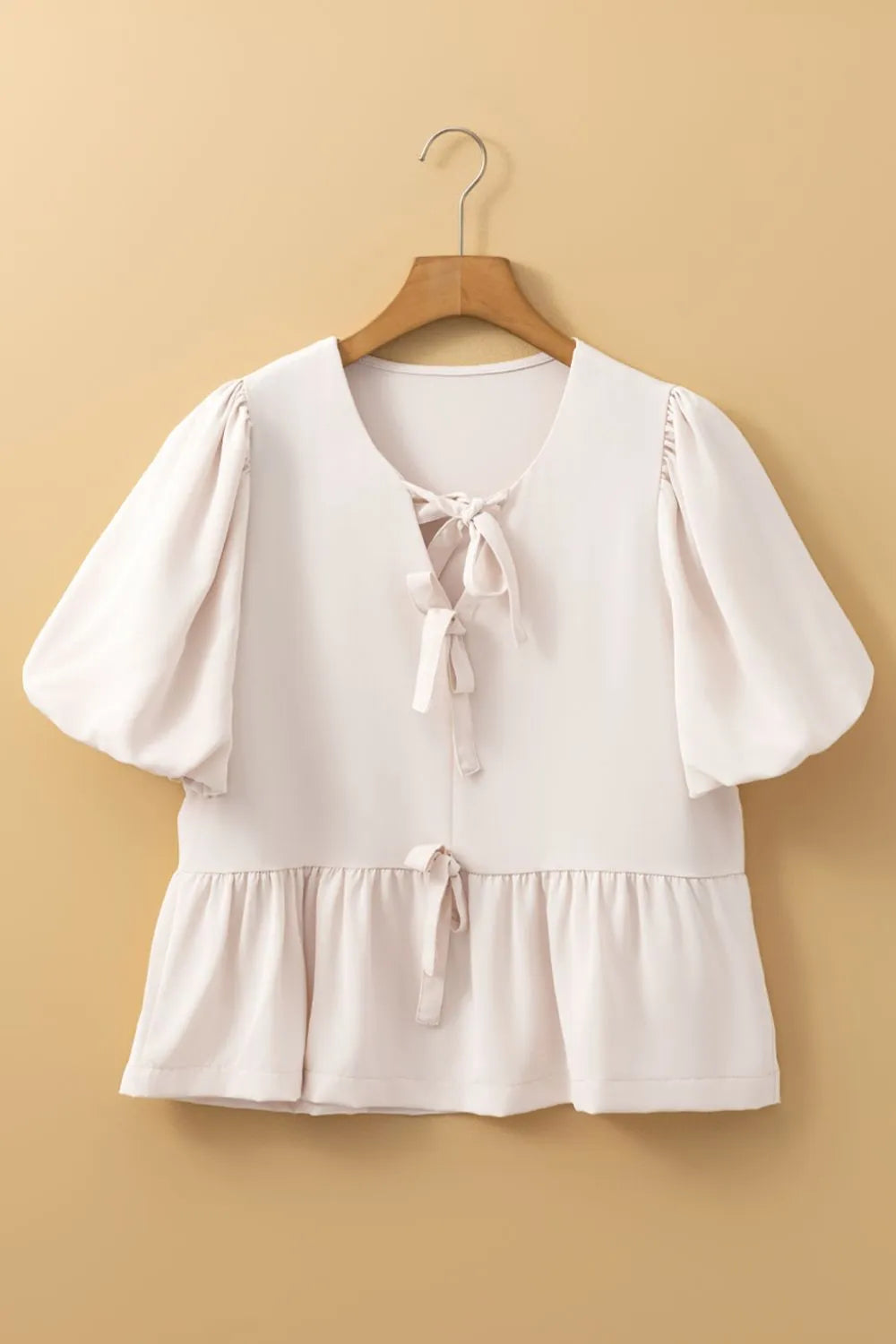 Bow Tie Short Puff Sleeve Ruffle Hem Blouse