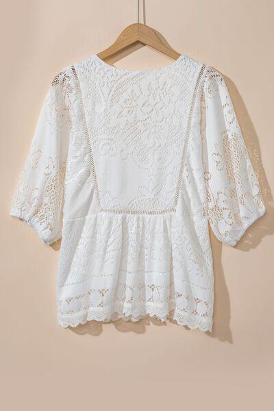 Lace Crochet Hollowed Scallop Hem V Neck Blouse - Clothes For Her Online Store