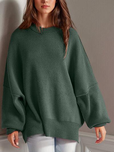 Double Take Side Slit Round Neck Long Sleeve Sweater - Clothes For Her Online Store