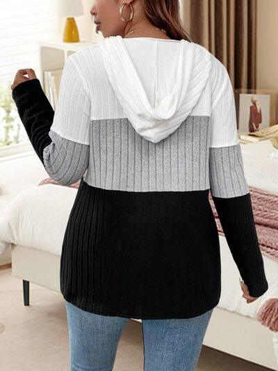 Plus Size Drawstring Color Block Long Sleeve Hooded Top - Clothes For Her Online Store