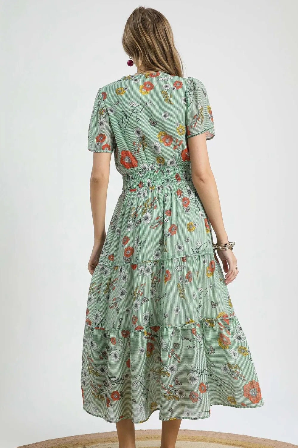 Umgee Smocked Waist Floral Short Sleeve Midi Dress
