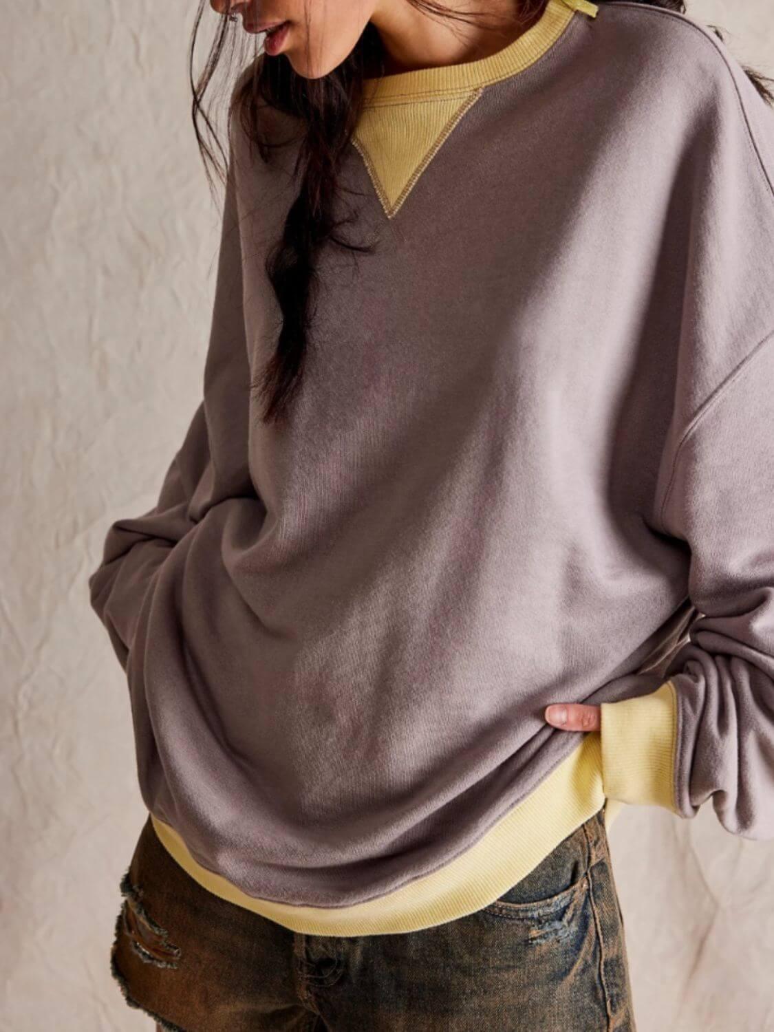 Mandy Contrast Trim Round Neck Long Sleeve Sweatshirt - Clothes For Her Online Store