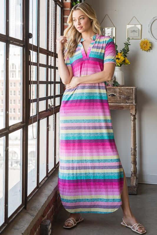 Heimish Full Size Striped Short Sleeve Maxi Tee Dress Plus Size - Clothes For Her Online Store