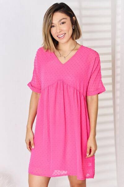 Zenana Swiss Dot Rolled Short Sleeve Babydoll Dress - Clothes For Her Online Store