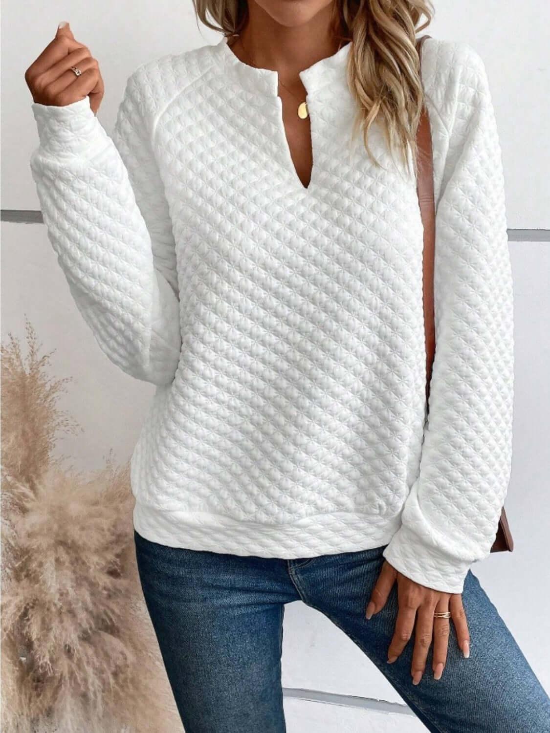 Notched Long Sleeve Sweatshirt - Clothes For Her Online Store