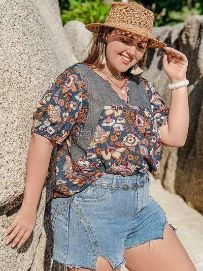 Plus Size Printed Notched Half Sleeve Blouse - Clothes For Her Online Store