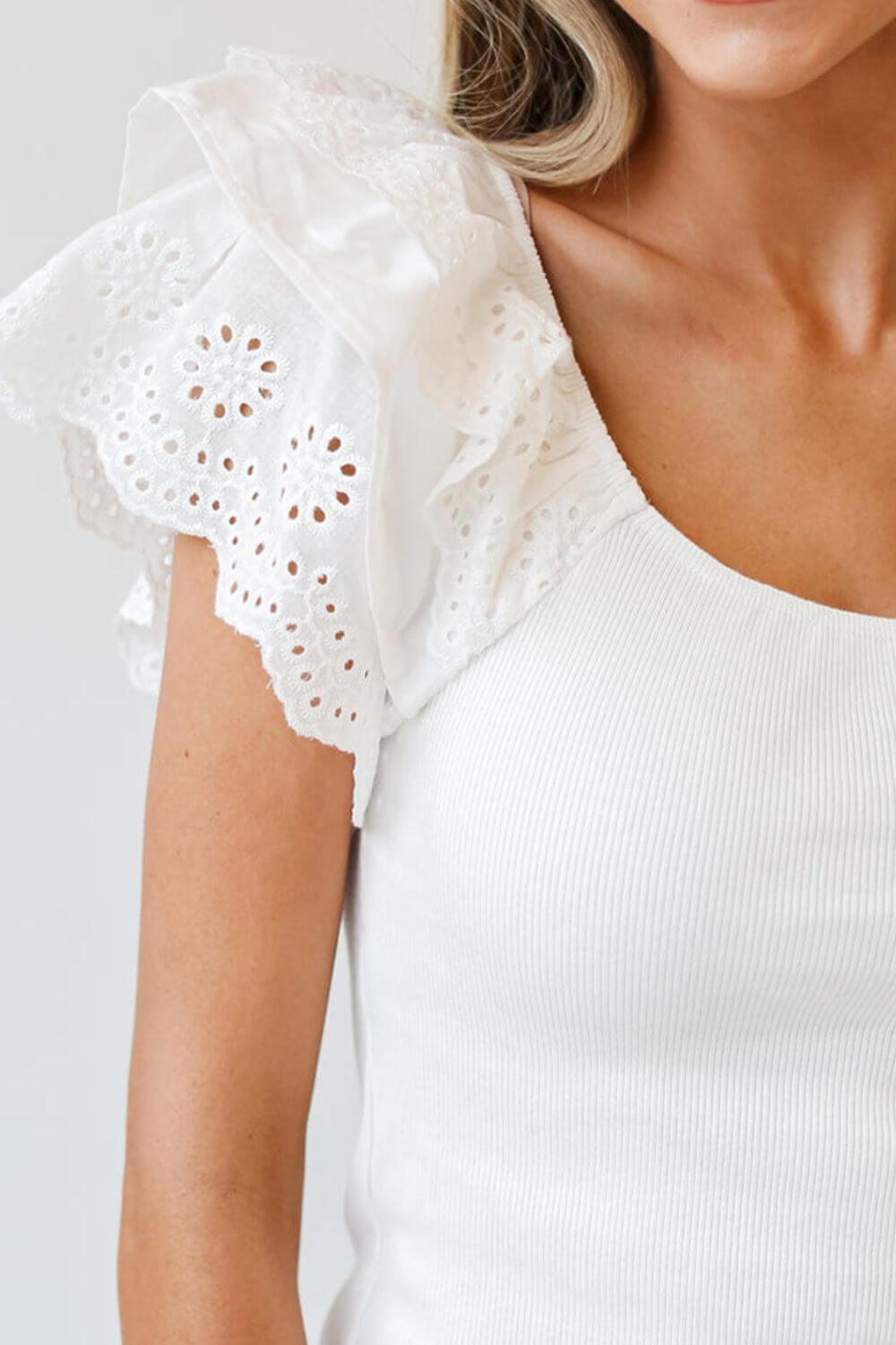 Eyelet Ruffle Sleeve Slim Top - Clothes For Her Online Store