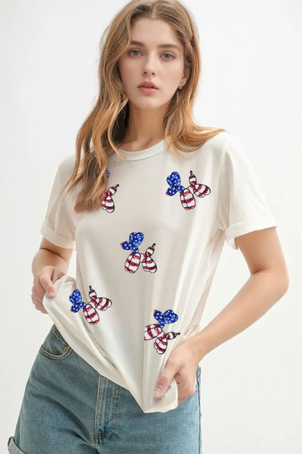 Sequin Stars and Stripes Balloon Puppy Graphic Crewneck Tee
